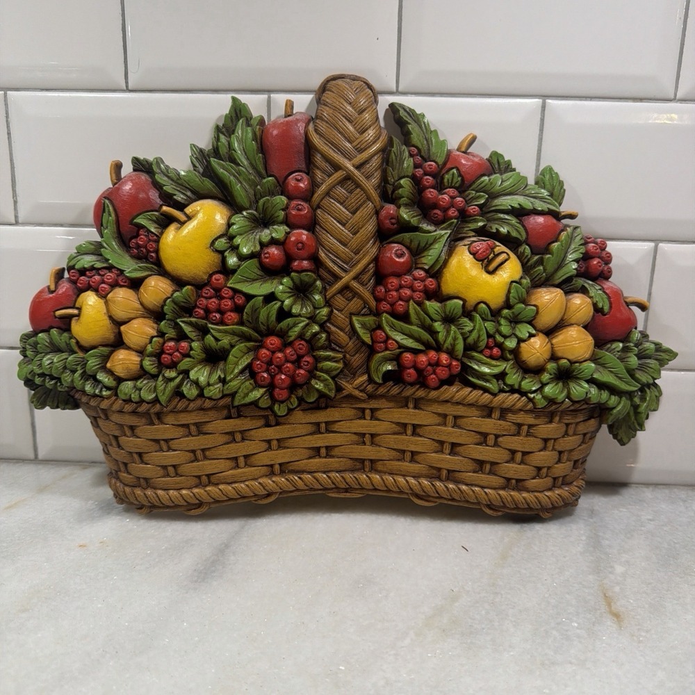 Vintage 1978 Homco Fruit Basket Wall Hanging Decor Apples Leaves OLA005